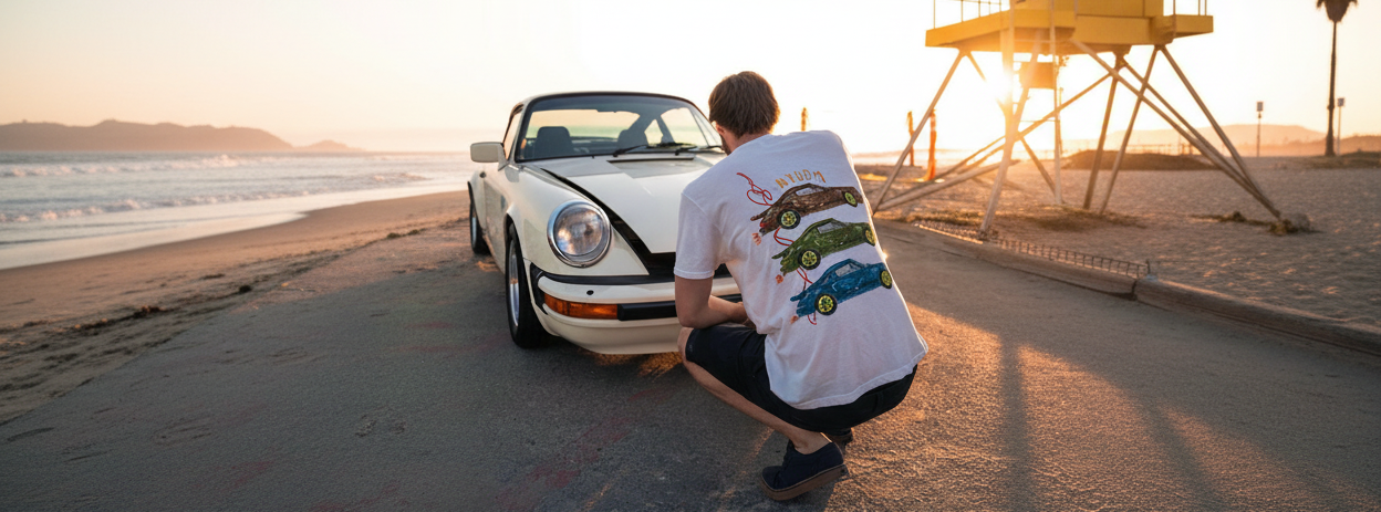 Person squatting next to a vintage car on a beach with a lifeguard tower in the background, wearing a very expensive automotive car t-shirt