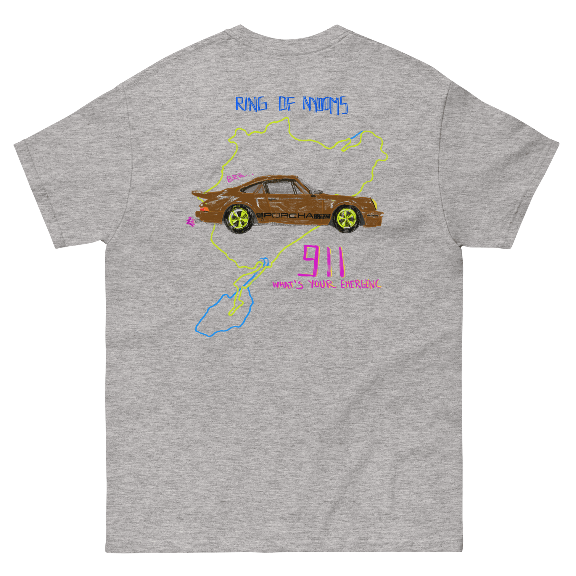 "Ring of Nyooms" Porsche/Porcha 911 Nurburgring Car Design T-Shirt - Very Expensive*